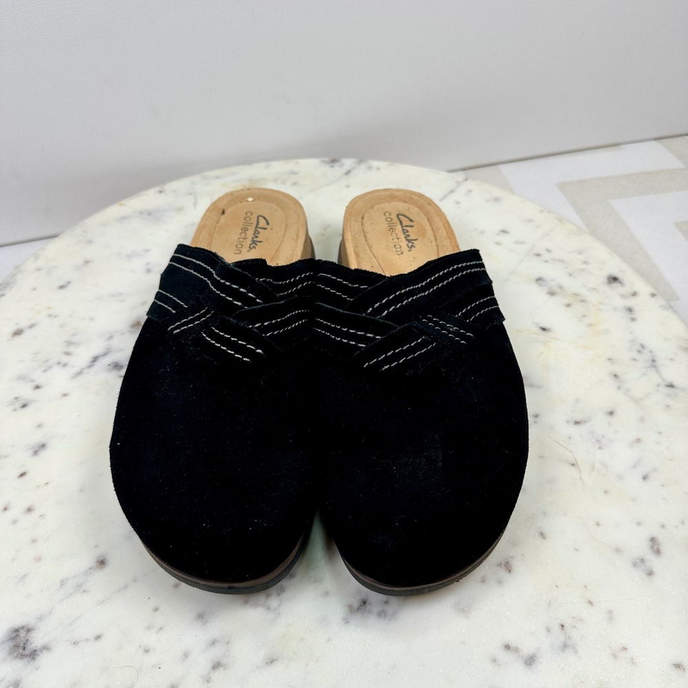 Clarks Collection Black Suede Clogs Mules Contrast Stitching Womens 8.5 26168509